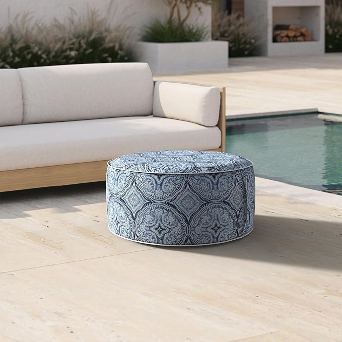Inflatable Ottoman Stool D21 xH9 for Outdoor/Indoor Use, Water Repellent Patio Foot Rest Stool with Portable Handle,Round Pouf Ottoman Suitable for Garden,Deck and Camping - Medallion Blue-Ruum Studio Home