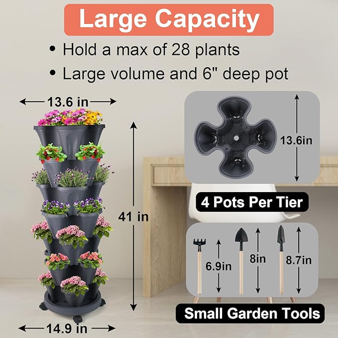 Vertical Planter 7 Tier Stackable Planters Garden Planters Strawberry Herb Flower and Vegetable Planter Indoor Outdoor Gardening Pots with Removable Wheels and Tools-Ruum Studio Home