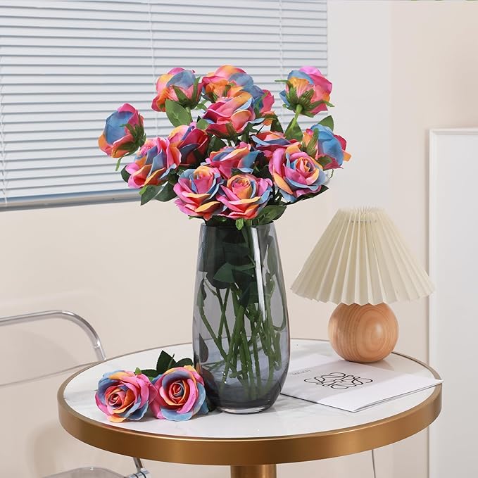 Rainbow Fake Roses Artificial Flowers - 16 Pcs Fake Artificial Roses Silk Flowers with Stems for Home Wedding Hotel Office Centerpiece Decor（Rainbow）-Ruum Studio Home