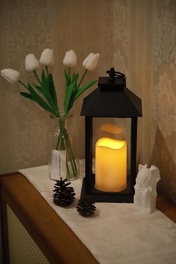 YAKii Hanging Glass Panes Lantern Portable Led Lantern Decorative Operated by 3AAA Battery Use for Garden Yard, Indoor Decoration Candle (Black)-Ruum Studio Home