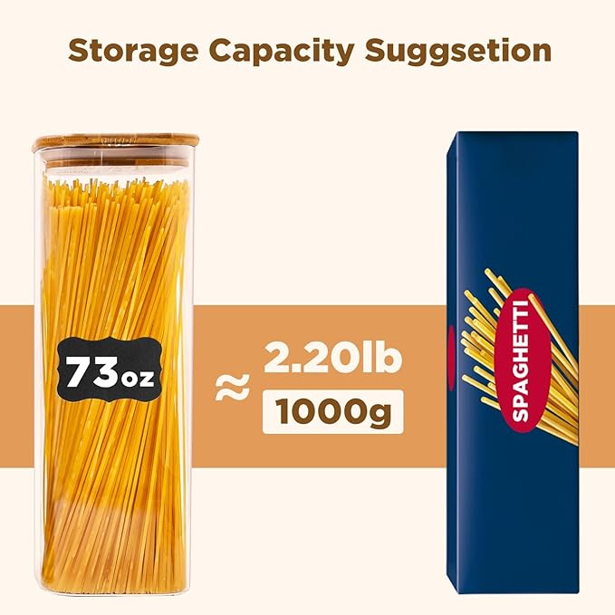 Glass Pasta Storage Jars Square 73oz, 3 Pack Glass Jars With Bamboo Lids, Tall Kitchen Storage Containers For Pasta, Storage For Pantry Organizers-Ruum Studio Home