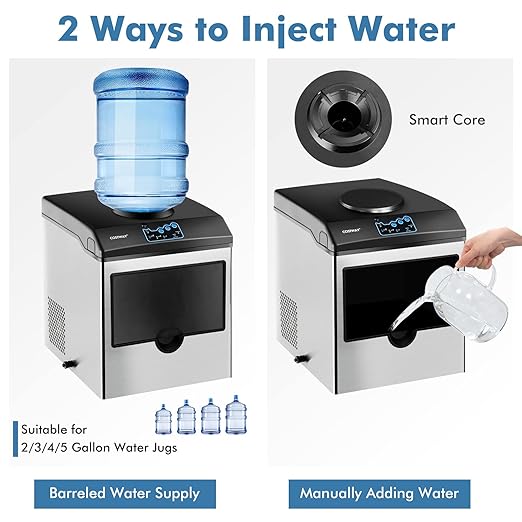 COSTWAY 2 in 1 Countertop Ice Maker Built-in Water Dispenser, 48LBS per Day, S/M/L Size Ice Cube, 5LBS Ice Storage Basket, Fast 6 Mins, Stainless Steel Ice Machine with Extendable Chilled Water Spout-Ruum Studio Home