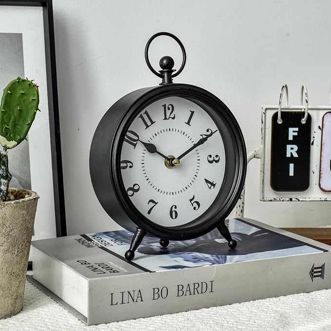 Vintage Non-Ticking Black Table Clock with Stand, Decorative Clock for Desk and Shelf, Rustic Farmhouse Style Mantel Timepiece-Ruum Studio Home