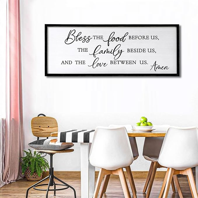 Bless the Food Before Us, the Family Beside Us, and the Love between us Framed Wall Art for Christian God Jesus Christ Prayer, 40''×15'' Positive Holy Religious Rustic Bible Verse for Dining Room-Ruum Studio Home