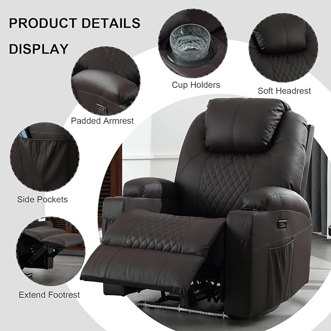 Power Recliner Chair with Heat and Massage, PU Leather Home Theater Seating with LED Lights/Cup Holders/Side Pocket/USB Port, Reclining Sofa Chair for Living Room (1, Brown)-Ruum Studio Home