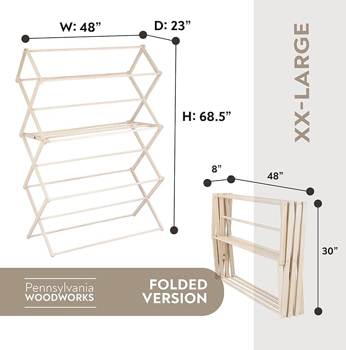 Pennsylvania Woodworks Clothes Drying Rack: Solid Maple Hard Wood Laundry Rack for Blankets, Towels, Bedding & More, Heavy Duty Folding Drying Rack, Made in USA, No Assembly Needed, XXLarge-Ruum Studio Home