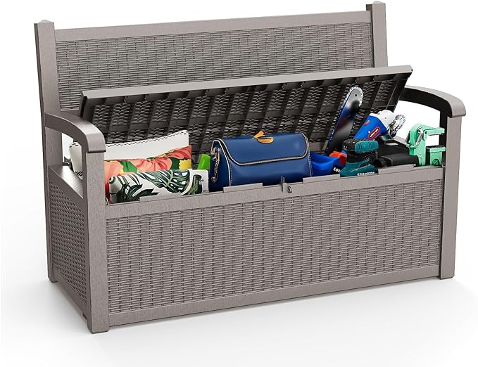 80 Gallon Storage Bench Deck Box, Waterproof and Lockable Outdoor Storage Furniture for Patio, Garden, and Porch – Perfect for Storing Garden Tools and Cushions (Gray)-Ruum Studio Home