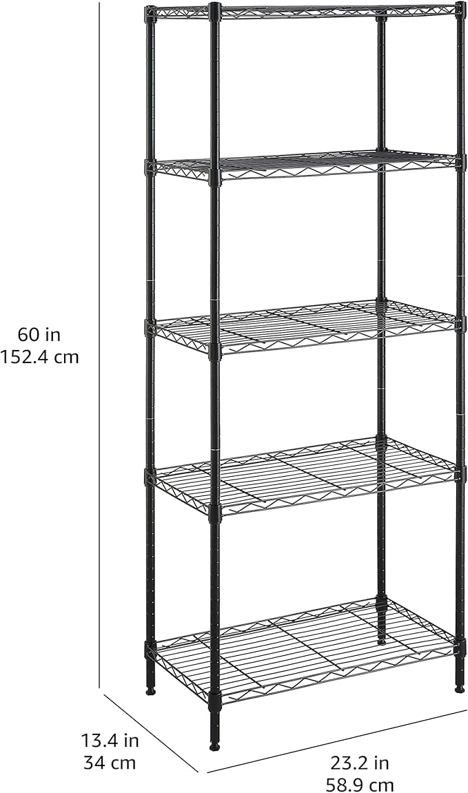 Amazon Basics 5-Shelf Multipurpose Adjustable Sturdy Steel Storage Shelving Unit, Easy Assembly, 13.4" D x 23.2"W x 60"H, Black-Ruum Studio Home