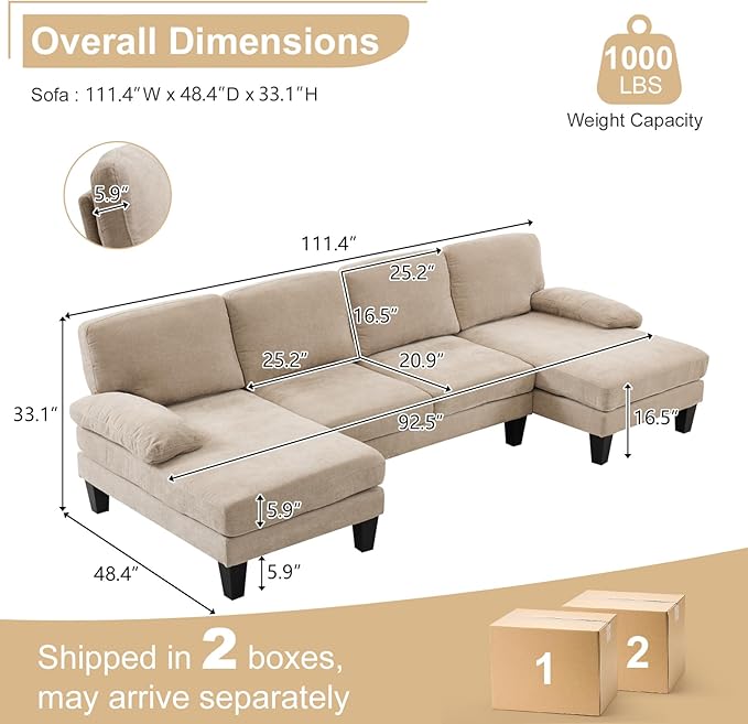 Karl home U-Shape Sectional Sofa Couch 111" Modern 4-Seat Sofa with Chaises Chenille Fabric Upholstered Covertible Couch with Wood Grain Legs for Living Room, Reception Room, Apartment, Khaki-Ruum Studio Home