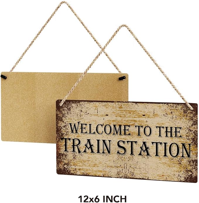SENJIAN Rustic Train Station Wood Decor Sign, Retro Welcome to the Train Station Printed Wood Sign Wall Art, Hanging Door Sign, Decorative Wood Sign Home Decor 12" x 6"-Ruum Studio Home