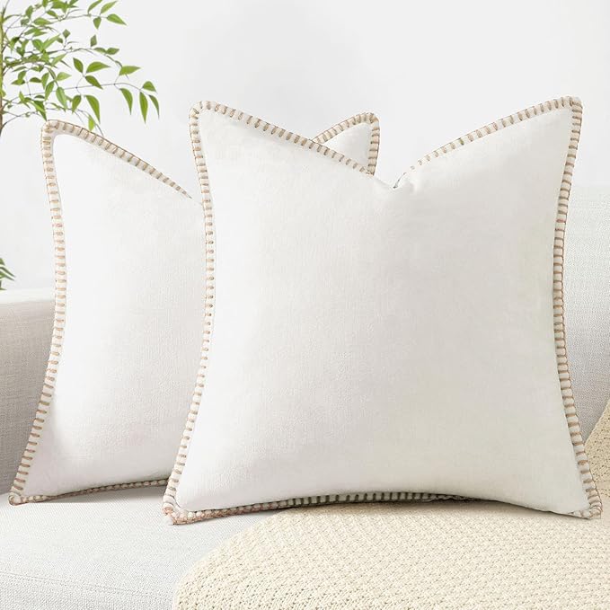 decorUhome Chenille Soft Throw Pillow Covers 16x16 Set of 2, Farmhouse Velvet Neutral Decorative Euro Pillow Covers with Stitched Edge for Couch Sofa Bed Home Decor, Cream White-Ruum Studio Home