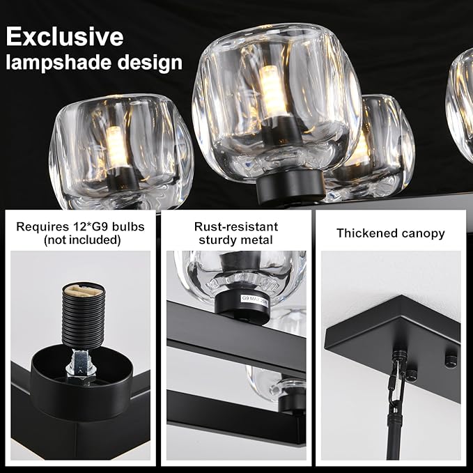 59 Inch Black Rectangle Wagon Wheel Chandeliers, Black Chandelier for Dining Room Over Table, Modern Crystal Long Chandelier, Farmhouse Large Linear Chandeliers for Kitchen Island-Ruum Studio Home