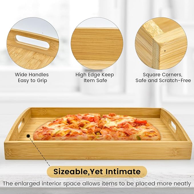 Bamboo Serving Tray with Handles Set of 2 - Decorative Wooden Trays for Eating, Working, and Storing, Suitable for Use in Bedroom, Living Room, Kitchen, Bathroom, Outdoor Scenarios and More-Ruum Studio Home