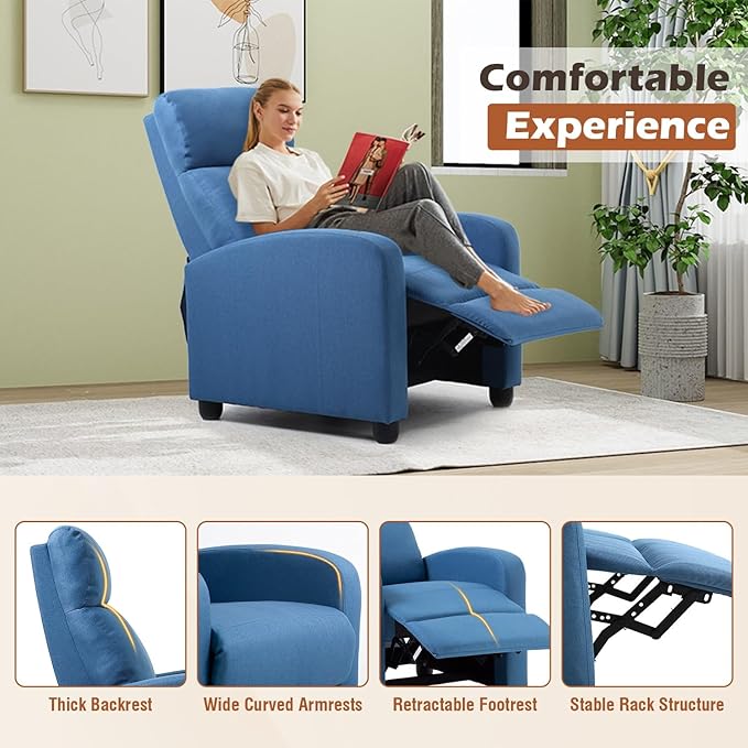 BestMassage | Recliner Chair | No Massage Function | Textile Blue | with Lumbar Support, Adjustable Push Back, Wide Armrests, Footrest & Padded Seat | Easy Assembly | for Living Room, Home Theatre-Ruum Studio Home