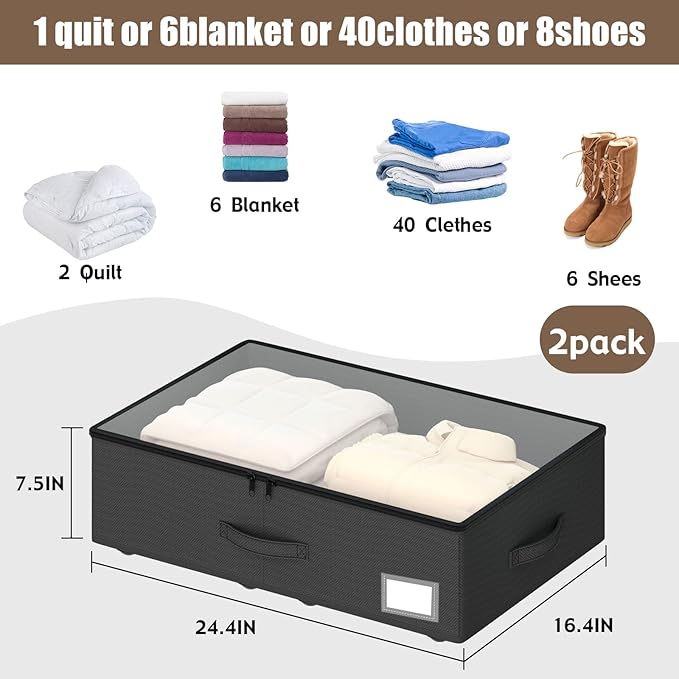 Underbed Storage Bins with Wheels, No Assembly Required - 7.5 inch height Black Large Capacity Rolling Underbed Containers for Shoes, Dorm under bed storage drawers-Ruum Studio Home