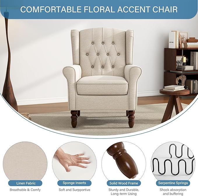 UIXE High Back Accent Chairs Set of 2, Upholstered Armchair in Fabric for Living Room, Retro Wingback Arm Chair Comfy Single Sofa Bedroom Reading Seat with Solid Wood Legs - Beige-Ruum Studio Home