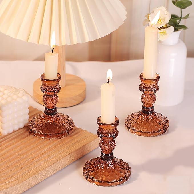 12Pcs Amber Candlestick Holders Set- 4" H Taper Candle Holders Bulk, Glass Candle Holders for Wedding, Party, Fall Dinner Table Centerpieces, Festival Gifts & Windowsill Decor-Ruum Studio Home
