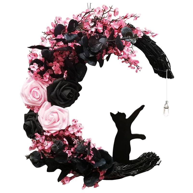 Halloween Wreaths for Front Door with Lights, Black Cat on Moon Garland with Rose Wreath Decor, Halloween Decorations Crescent Moon Wreath for Home Party Window Wall Indoor Outdoor (pink moon cat)-Ruum Studio Home
