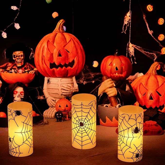 Wondise Halloween Flickering Flameless Candles with Spider Decals, Battery Operated Candles with 6hrs Timer, Real Wax Halloween LED Candles for Horror Spooky Halloween Home Decoration(Set of 3, 3"x6")-Ruum Studio Home