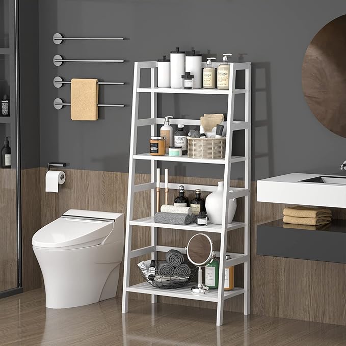 Homykic Bamboo White Bookshelf 4-Tier Ladder Shelf, 49.2” Freestanding Open Bookcase Book Shelf Bathroom Storage Shelf Unit Plant Stand for Small Space, Bedroom, Living Room, Home Office-Ruum Studio Home