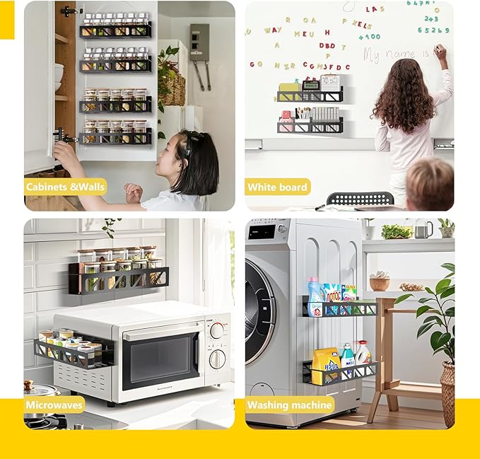 Magnetic Spice Rack Organizer for Fridge Seasoning Organizer for Kitchen storage with Screw or Adhesive Hanging,Magnetic Shelf with Hook for Refrigerator and Oven (3pack)-Ruum Studio Home