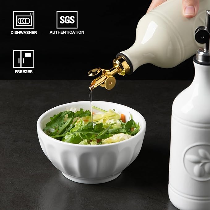 Sweejar 16 Oz Ceramic Olive Oil Dispenser Bottle, Oil Dispenser for Kitchen with Gravity Spout, Relief Opaque Oil Container for Evoo, Avocado Oil, Vinegar, Soy Sauce, 1 Pack(Beige, Gold Spout)-Ruum Studio Home