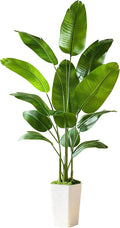 Fake Bird of Paradise Silk Artificial Plant Faux Banana Leaf Tree Lifelike Bird of Paradise for Home Decor Indoor Floor Plant with 10 Trunks (1, White Tall Planter, 6 FT)-Ruum Studio Home