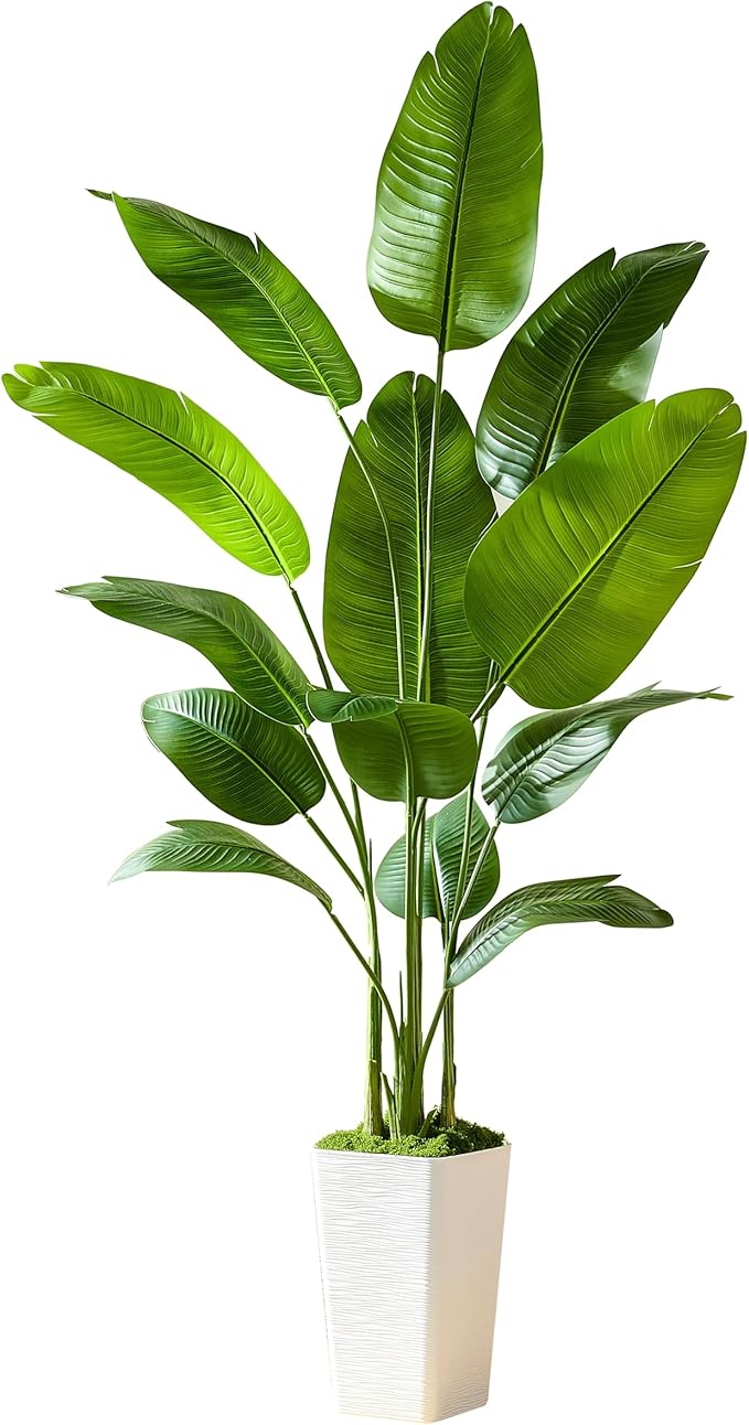 Fake Bird of Paradise Silk Artificial Plant Faux Banana Leaf Tree Lifelike Bird of Paradise for Home Decor Indoor Floor Plant with 10 Trunks (1, White Tall Planter, 6 FT)-Ruum Studio Home