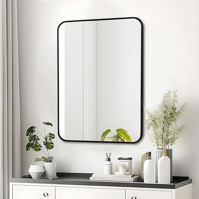 Fabuday Black Bathroom Mirror for Over Sink - 20x28 Rounded Rectangle Wall Mirror, Matte Metal Framed Vanity Rectangular Mirrors for Bedroom, Living Room, Entryway Decor, Horizontally/Vertically-Ruum Studio Home