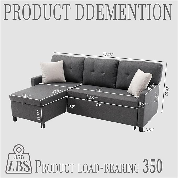 Pull Out Couch, Oversized Sleeper Sofa Couch, Sectional Sleeper Sofa Bed for Living Room Bedroom Lounge (Grey, 73 Inch)-Ruum Studio Home