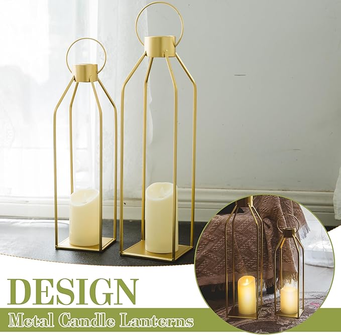 HPC Decor Modern Farmhouse Lantern - 22'' 19'' Large Tall Gold Metal Candle Lanterns with Timer Flickering Candles for Living Room, Outdoor, Fireplace Mantle Decor-Ruum Studio Home