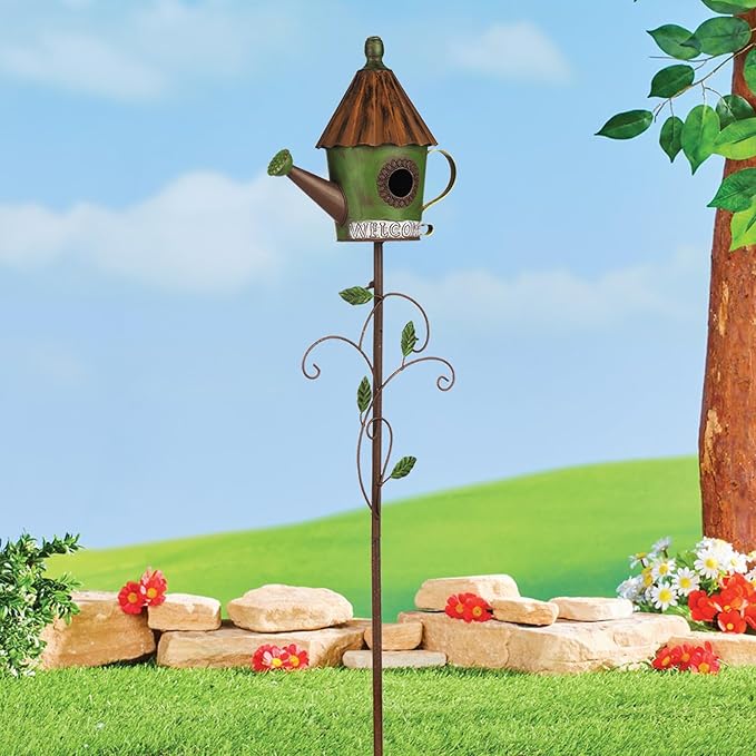 BAYN 57” Bird Houses Stake for Outside, Metal Watering Can Birdhouse Garden Stake Wild Bird Feeder Pole with Welcome Sign Outdoor Decorations for Patio, Backyard, Garden-Ruum Studio Home