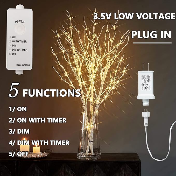 Fudios Lighted Branches 150 LED Fairy Lights with Timer 32in Plug in, Electric Lit White Birch Twigs for Vase Christmas Inside Outside Decor 1 Set-Ruum Studio Home