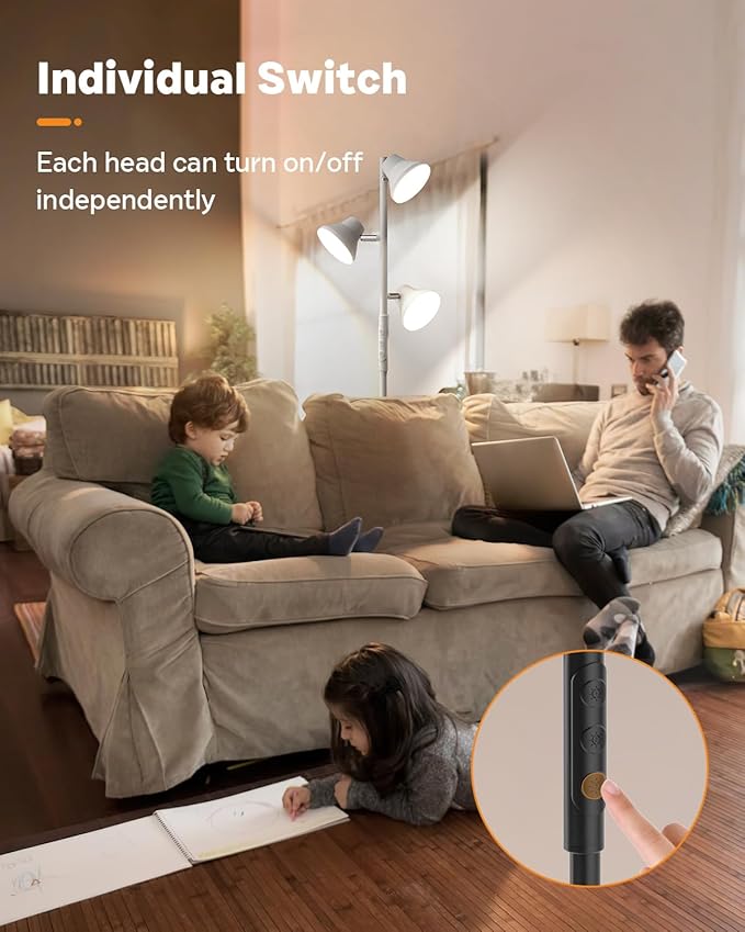 LED Tree Floor Lamp Silver, 36W Super Bright Standing Lamp with Remote Control, 4 Color Temperatures, 3 Rotatable LED Lights, Dimmable Floor Lamps for Living Room, Bedroom, Office-Ruum Studio Home