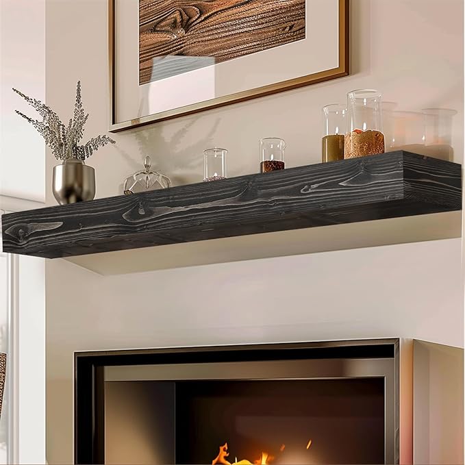 72x8x5 Fireplace Mantel - Handcrafted Hollow Rustic Solid Wood Wall Mounted Floating Shelf with Invisible Heavy Duty Wood Bracket (Weathered Black)-Ruum Studio Home
