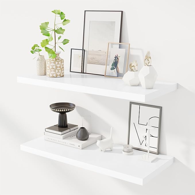 32" Floating Shelves for Wall, 12" Deep Slim White Floating Shelves, Wall-Mounted Shelves for Bedroom, Living Room, Kitchen, Bathroom - Set of 2-Ruum Studio Home
