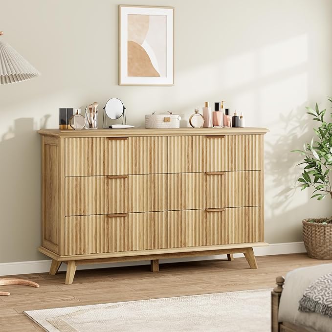 QUW Fluted Dresser for Bedroom with 6 Drawers, 47.2" Wide Modern Chest of Drawers with Metal Handle, Wooden Dresser TV Stand and Closet Clothes Storage Organizer for Living Room, Hallway, Natural Oak-Ruum Studio Home