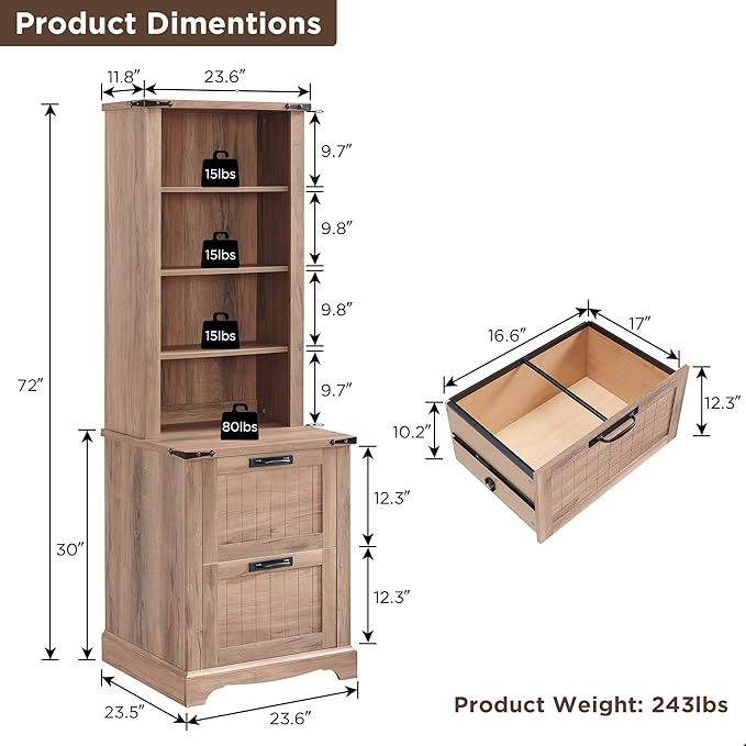 RedLemon Bookcase with 2 File Drawers, 72" Tall Farmhouse Bookshelf with Storage and Adjustable Shelves, 4 Tier Rustic Wood Bookshelf with Cabinet for Home Office, Living Room (Rustic Natural Oak)-Ruum Studio Home