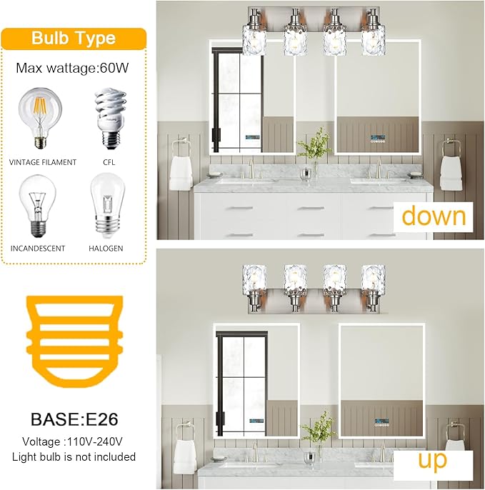 BONLICHT 4-Light Bathroom Vanity Light Fixture Brushed Nickel Industrial Wall Sconce Lighting with Hammered Glass Shade for Living Room Bedroom Hallway Porch Workshop Dressing Table-Ruum Studio Home