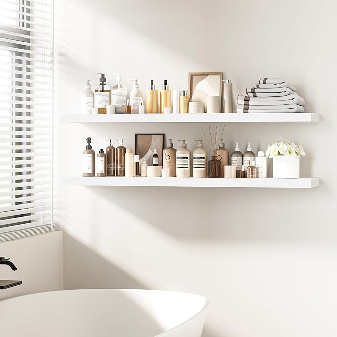Fun Memories Floating Shelves - 12 Inch Rustic Wooden Wall Shelves - Extra Deeper & Thicker Wall Mounted Storage Shelf for Living Room, Kitchen, Farmhouse - 55" W x 12" D x 1.8" H - White-Ruum Studio Home