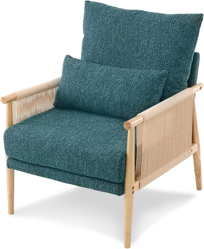 VINGLI Boho Braid Accent Armchair,Mid-Century Modern Chiar with Solid Wooden Armrest,Comfy Louge Cushion Chair with Waist Pillow for Bedroom,Living Room,Reading Room, Teal-Ruum Studio Home