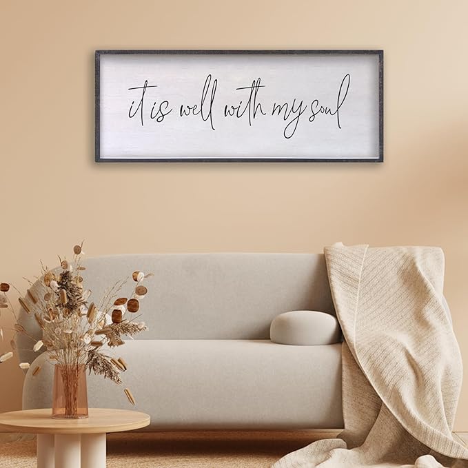 It Is Well With My Soul Wall Decor 32"x12" Bible Verse Christian Scripture Wood Framed Art Sign for Master Bedroom Living Room(Black)-Ruum Studio Home
