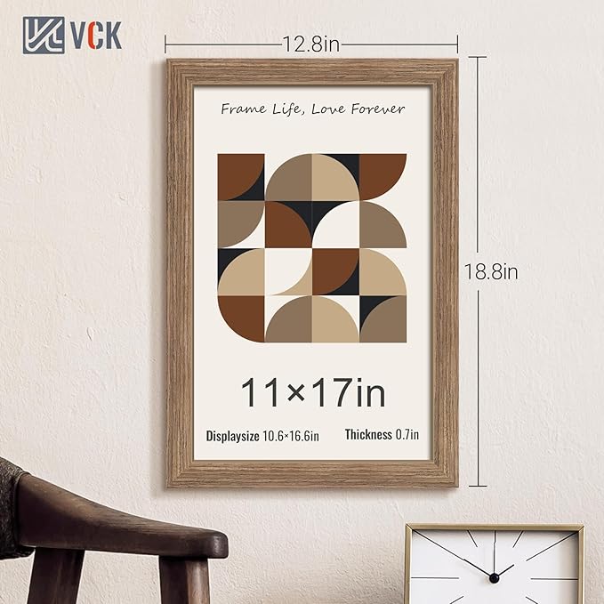 VCK 11x17 Picture Frame Set of 3 - Brown Walnut, Natural Textured Solid Wood Picture Poster Frame, Wall Gallery Frame-Ruum Studio Home