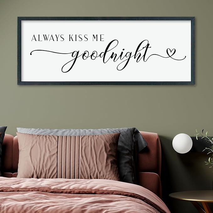 comurdyo Always Kiss Me Goodnight Sign for Bedroom Above bed Wall Decor 40''×15'' Large Wood Frame For Couples Over Bed Hanging Wall Art (Black)-Ruum Studio Home