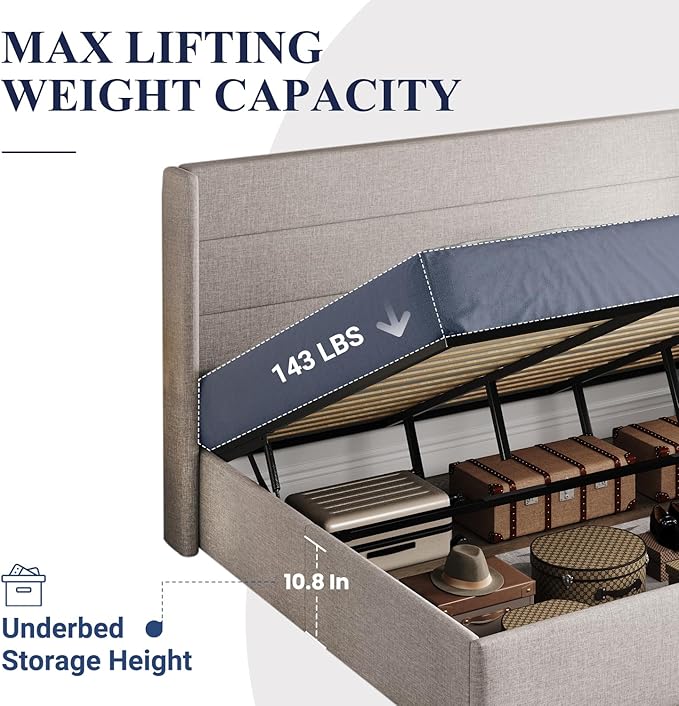 Allewie King Size Lift Up Storage Bed, Modern Wingback Headboard, Hydraulic Support, No Box Spring Needed, Light Beige-Ruum Studio Home