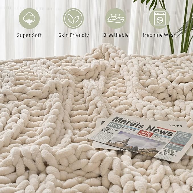 Esterra Chunky Knit Blanket Throw, 100% Handmade Chenille Throw Blanket 40"x50", Soft Thick Yarn Cable Knit Crochet Throw Blanket Rope Knot Throw for Couch Bed Sofa, Apricot White-Ruum Studio Home
