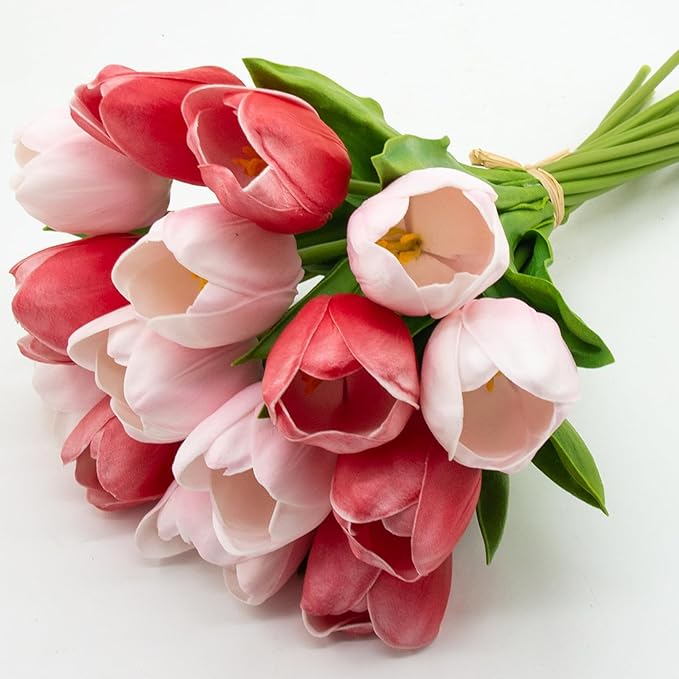 Buart Artificial Tulip in Bulk for Home Kitchen Wedding Bridal Bouquet,Fake Flowers for Valentine's Day Mother's Day Easter Table Centerpieces Decorations(Large Size,Multi Pink,Real-Touch,12pcs)-Ruum Studio Home