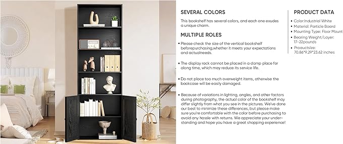 Tall Wooden Bookshelf with Cabinet and Doors – 70.86” Freestanding Tall Bookcase for Heavy Books, Living Room Storage, Home Office Shelf, Bedroom Organization – Vintage Black Wood Book Shelf-Ruum Studio Home
