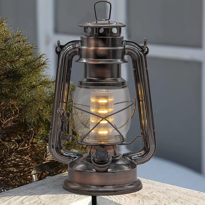 YAKii LED Vintage Lantern Metal Hanging Hurricane 12 LED Dimmer Switch Warm White Battery Operated Power Outage Indoor Camping Lighting Outdoor Brooklyn (Copper 2 Pack)-Ruum Studio Home