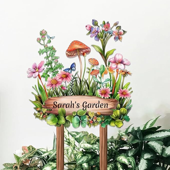 Personalized Mushroom Metal Sign with Stake,Custom Gardener Last Name Signs Outdoor Decoration,Customized Flowers Garden Accessories Decor for Grandma,Butterfly Plaques for Patio Lawn Porch Backyard-Ruum Studio Home